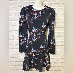 Merry Dot navy Long-Sleeve A-Line Dress with Blue-Striped Bird- see measurements